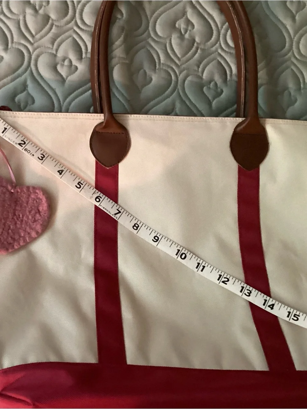 Canvas Tote Bag with red trim , Pink Accent removable heart  and Brown Handles